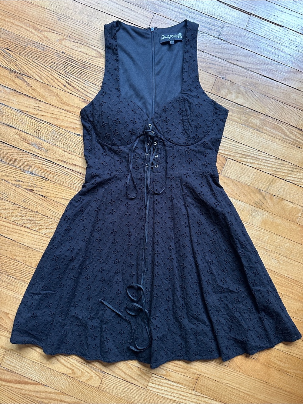 Sourpuss Black Eyelet Lace-Up Fit & Flare Dress
